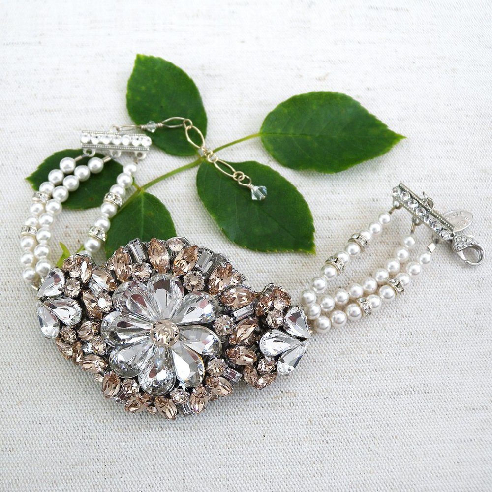 Haute Bride Statement Brooch Bracelet, Crystal Brooch, Pearl Strands